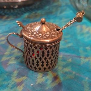 Victorian mustard sauce jar silver & cranberry red glass, antique table service